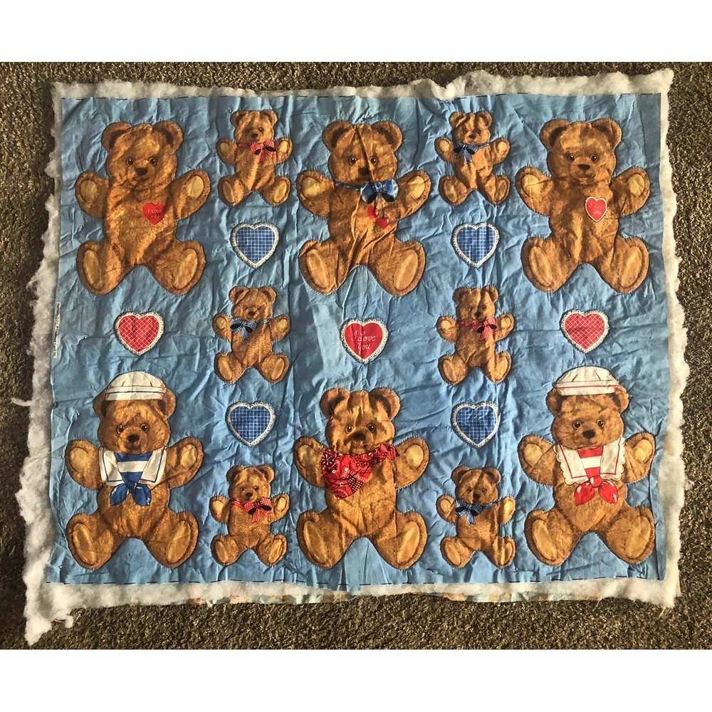 Baby Quilt Top Teddy Bears UNFINISHED Cotton Fabric 38x44 Blue & Red Quilted